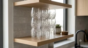 Innovative stackable crystal Bordeaux wine glasses stored efficiently on a compact studio kitchen open shelf.