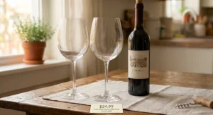 Pair of universal wine glasses under $30 pictured next to a wine bottle as an entry-level starter set.