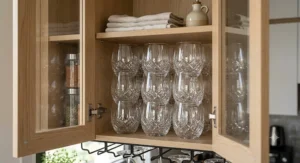 Set of clear stemless crystal wine glasses neatly arranged inside a shallow kitchen cabinet to maximize storage space.