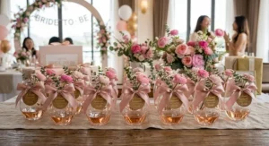 Set of stemless rosé wine glasses wrapped in pink silk ribbons as bridal shower party favors.