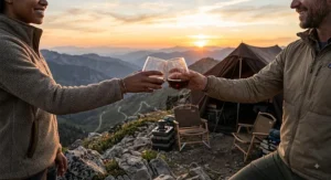 Two campers toasting with shatterproof stemless wine glasses against a scenic mountain sunset backdrop