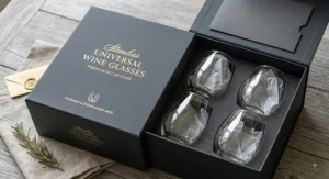 Gift packaging for a premium set of stemless universal wine glasses