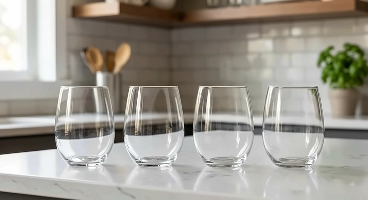 Set of four clear stemless universal wine glasses displayed on a kitchen counter