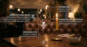 Detailed illustration of a stemmed universal wine glass highlighting its versatile bowl shape for red and white wines.