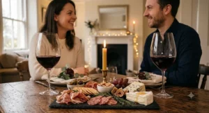 Two stemmed universal wine glasses paired with a gourmet charcuterie board for an evening date night.