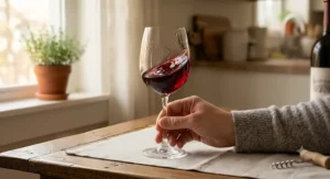 Illustration of a hand swirling red wine in a clear universal wine glass designed for beginner wine enthusiasts.