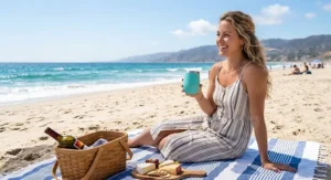 Woman enjoying chilled white wine in a teal insulated stemless wine glass during a sunny beach picnic