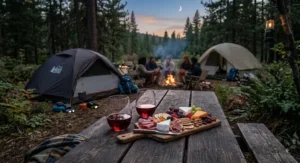 Pair of clear shatterproof stemless wine glasses on a picnic table next to a charcuterie board while camping