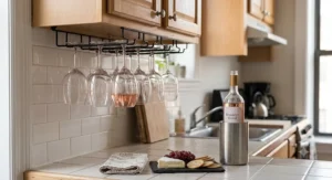 Under-cabinet wine glass rack holding budget rosé glasses to maximize counter space in a small kitchen.