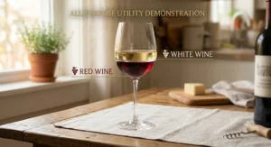 Illustration showing a single universal wine glass holding red and white wine to demonstrate all-purpose utility for beginners.