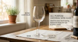 Diagram showing the bowl contour, rim, and stem of an all-purpose universal wine glass ideal for entry-level tasting.