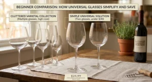 Comparison illustration showing how one universal wine glass under $30 replaces multiple specialized varietal glasses for beginners.