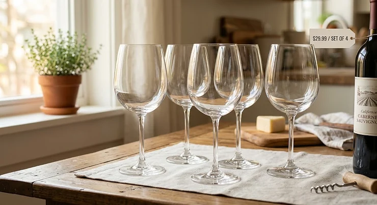 Illustration of an affordable set of universal wine glasses under $30 designed for beginners starting their wine journey. universal wine glasses under $30 for beginners