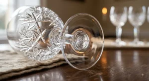 Detailed view of the diamond-cut pattern and high clarity on a vintage lead crystal wine stemware piece.
