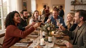 Guests toasting with borosilicate vs soda-lime glass wine glasses at a suburban dinner party.