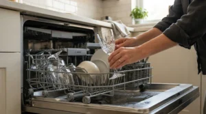 Loading borosilicate vs soda-lime glass wine glasses into a modern dishwasher rack.