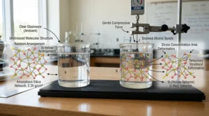 An informative graphic illustrating borosilicate vs soda-lime glass wine glasses durability during a stress test.