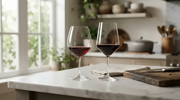 A close-up view comparing borosilicate vs soda-lime glass wine glasses on a modern American kitchen counter.