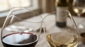 A detailed rim thickness comparison of borosilicate vs soda-lime glass wine glasses in bright studio lighting.