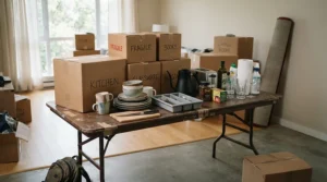 Unpacking day essentials featuring budget glass wine glasses on a folding table