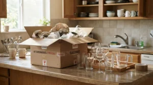 A box of budget glass wine glasses unpacked on a kitchen counter in a college apartment