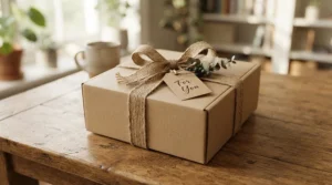 A thoughtfully wrapped box containing a set of budget glass wine glasses as a housewarming gift