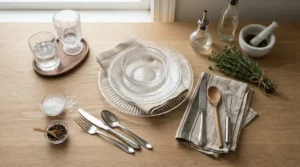 Starter pack of budget glass wine glasses displayed with basic kitchen tools