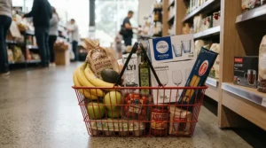 Affordable kitchenware items including budget glass wine glasses in a shopping basket