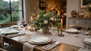 Clear recycled glass wine glasses set up for an elegant dinner party table setting.