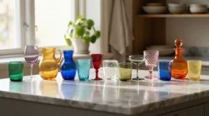 A vibrant collection of colorful recycled glass wine glasses resting on a marble countertop.