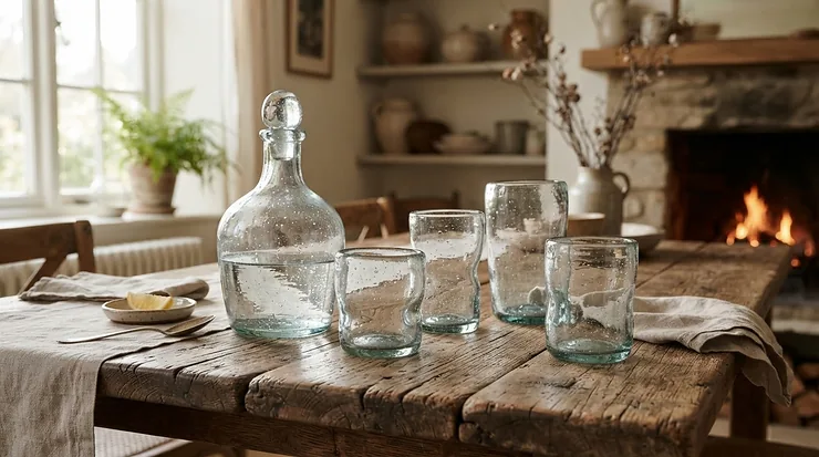 A set of clear recycled glass wine glasses arranged on a rustic wooden dining table.