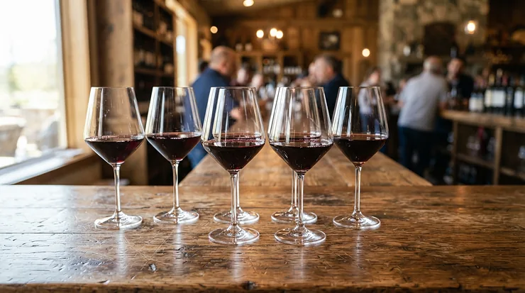 A complete faceted wine glasses set filled with rich red wine for an evening gathering.