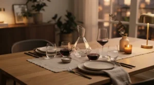 A sleek faceted wine glasses set displayed elegantly on a modern dining table during a dinner party.