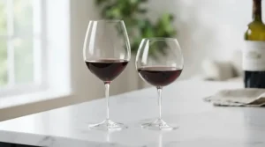 A comparison showing a faceted wine glasses set next to traditional round bowl glassware.
