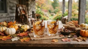 Geometric stemless wine tumblers for outdoor patios styled on a rustic porch with pumpkins and fall foliage.
