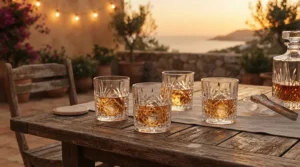 Geometric stemless wine tumblers for outdoor patios resting on a wooden deck table during a sunset backyard barbecue.