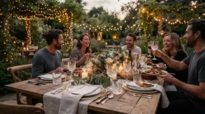 An outdoor dining setup featuring geometric stemless wine tumblers for outdoor patios and string lights overhead.