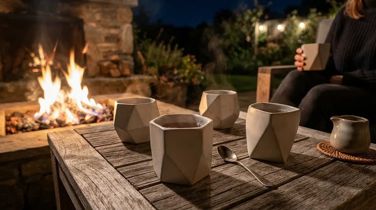 Geometric stemless wine tumblers for outdoor patios glowing near a cozy backyard firepit at night.
