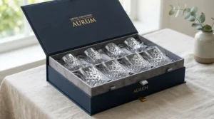 Geometric stemless wine tumblers for outdoor patios displayed in a gift box as a unique present for housewarmings.