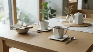 Geometric stemless wine tumblers for outdoor patios arranged on a minimalist dining table with simple white ceramics.