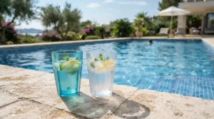 Shatter-resistant geometric stemless wine tumblers for outdoor patios near a pool with water splashes.