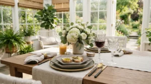 A trendy tablescape featuring a modern faceted wine glasses set and geometric dinnerware.