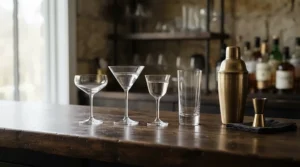 Cubist design geometric wine glasses for a modern bar cart highlighting artistic home bar styling.