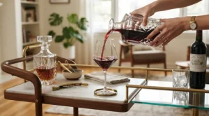 Entertaining essentials including geometric wine glasses for a modern bar cart ready for pouring red wine.