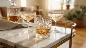 Faceted crystal geometric wine glasses for a modern bar cart set up for hosting weekend guests.