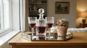 Luxury home bar styling showcasing geometric wine glasses for a modern bar cart with fresh botanicals.