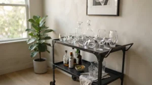 Geometric wine glasses for a modern bar cart displayed in a bright urban apartment living room.