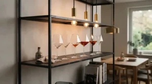 Statement glassware featuring geometric wine glasses for a modern bar cart during a cozy evening get-together.