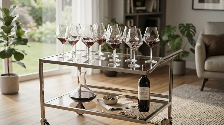 Geometric wine glasses for a modern bar cart organized for a relaxed Saturday evening gathering.