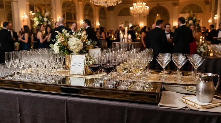 Stacked glass wine glasses for large gatherings and parties displayed at a professional buffet reception.